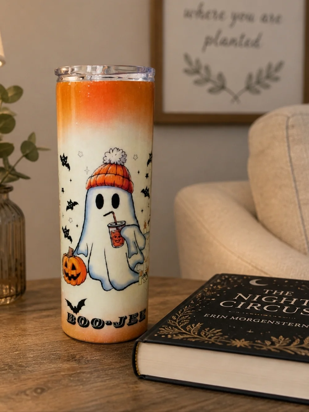 Handmade Halloween Ghost 30oz Skinny Tumbler Cute Spooky Boo Coffee Glitter Cup